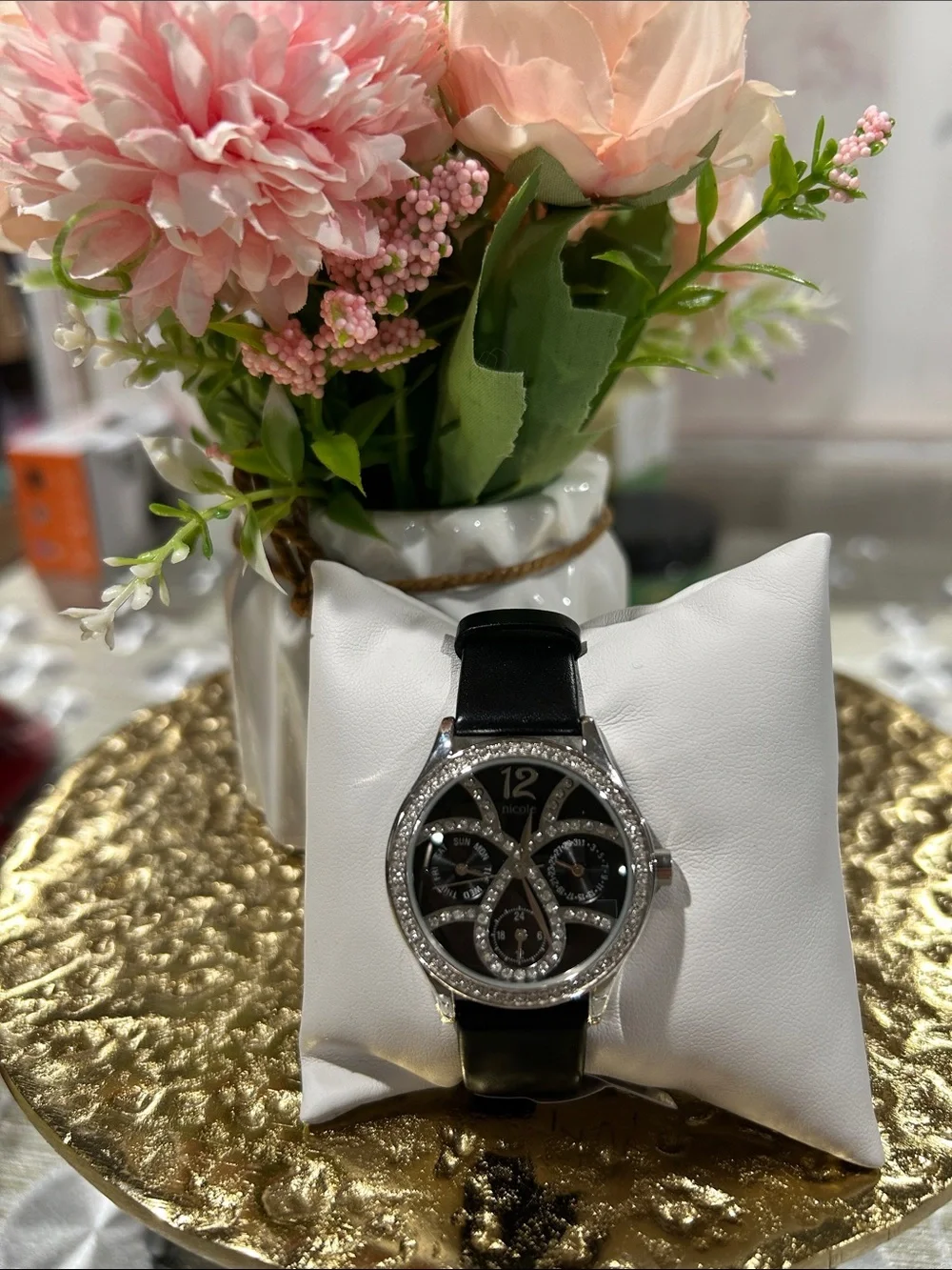 633. NWOT Nicole Miller Black & Crystal Watch‎ with genuine black leather band.